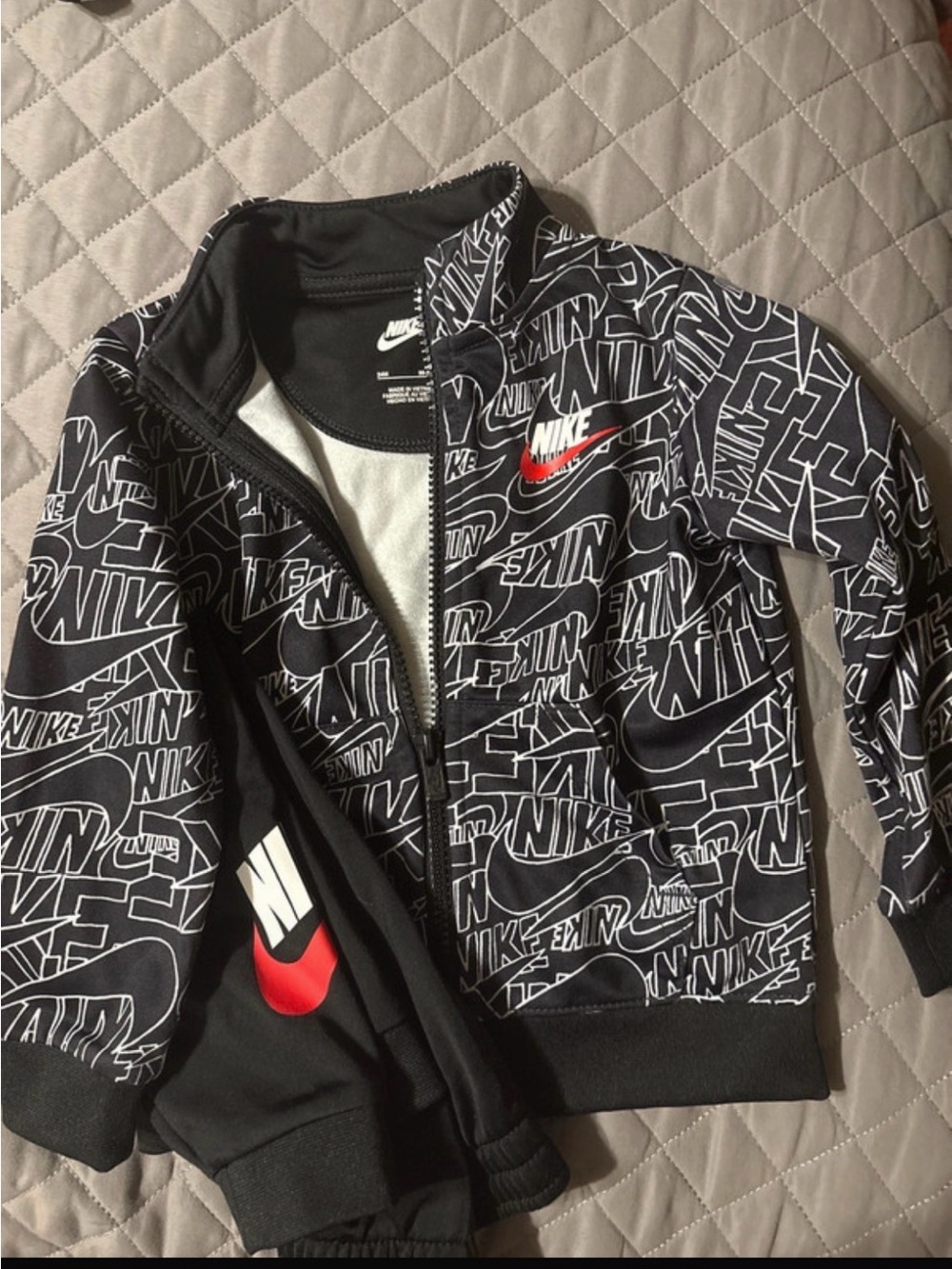 Nike Kids Black White Logo Jacket with Red Swoosh and matching pants